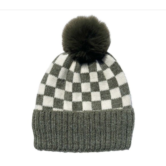 Bubu Checker Pom Beanie Kids Size Medium 1-6 Years Olive Green - Picture 6 of 6